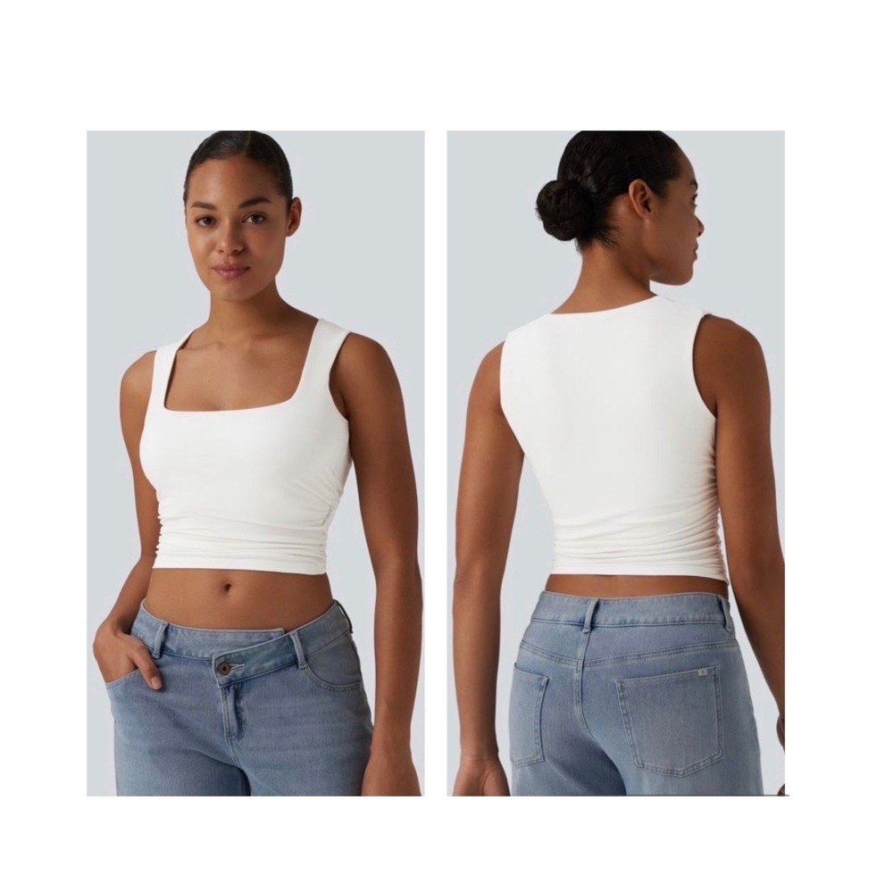 Halara Square Neck Ruched Cropped Casual Tank Top Small White Built-In Bra NEW